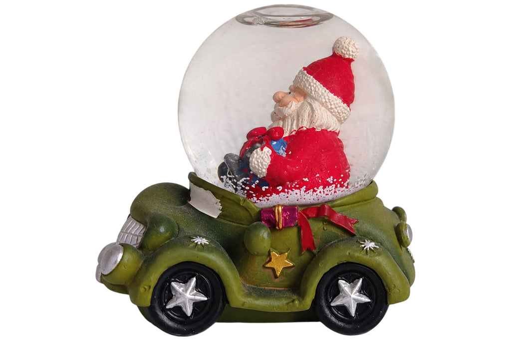 Sigro kleine Schneekugel dunkelgrün mit lustigen Auto & Weihnachtsmann