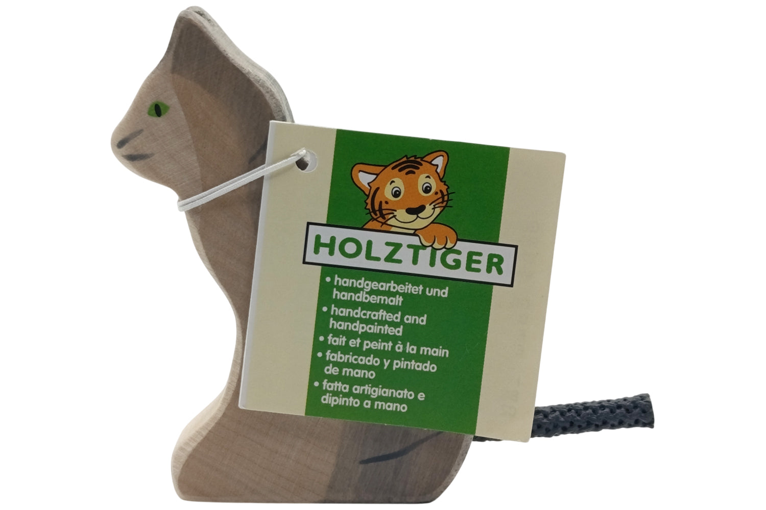 Holztiger Katze sitzend grau