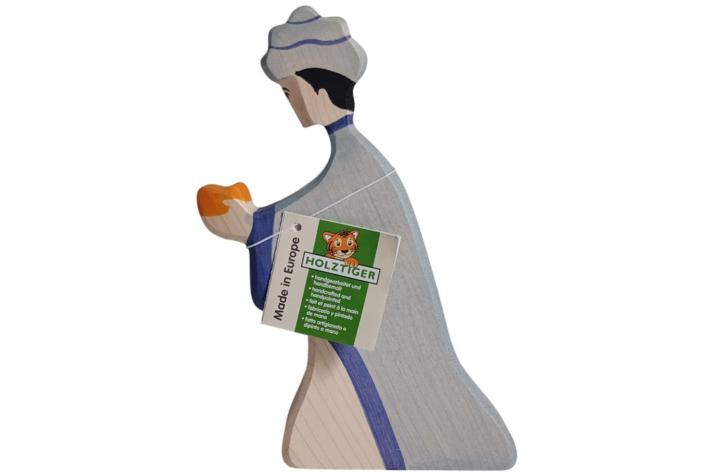 Holztiger Krippenfigur Caspar blau
