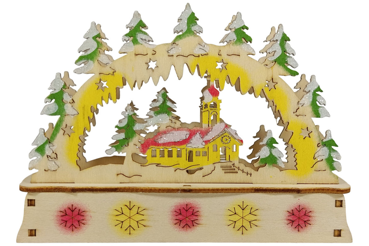 LED Mini Schwibbogen Kirche farbig