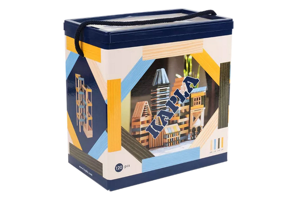 Boîte KAPLA de 120 pièces, naturelle, bleu clair, jaune, verte