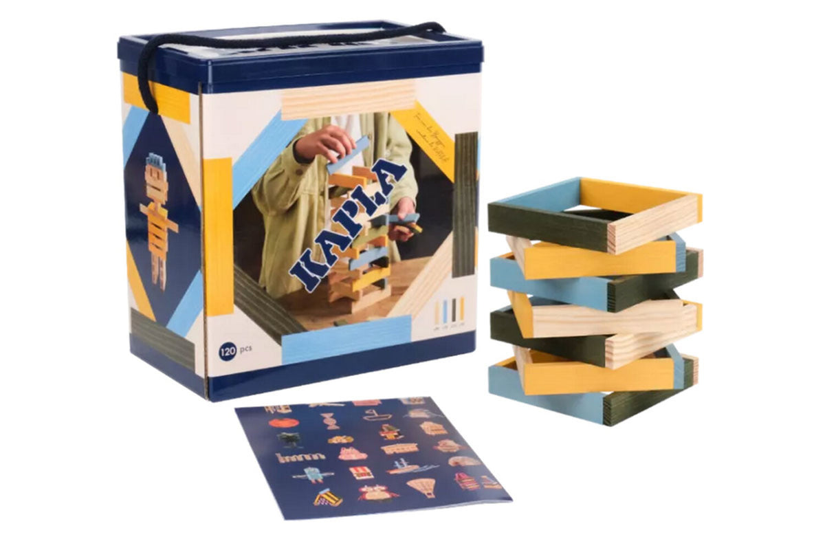 Boîte KAPLA de 120 pièces, naturelle, bleu clair, jaune, verte