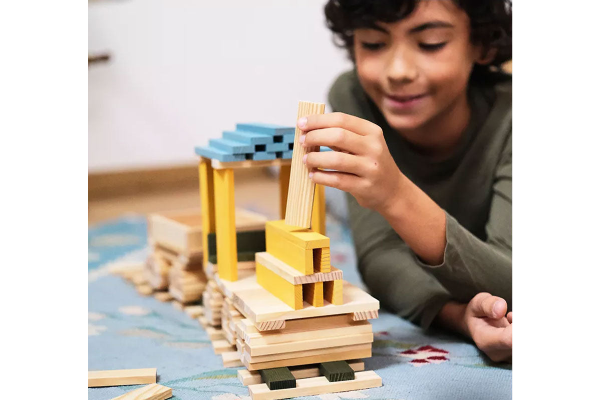 Boîte KAPLA de 120 pièces, naturelle, bleu clair, jaune, verte
