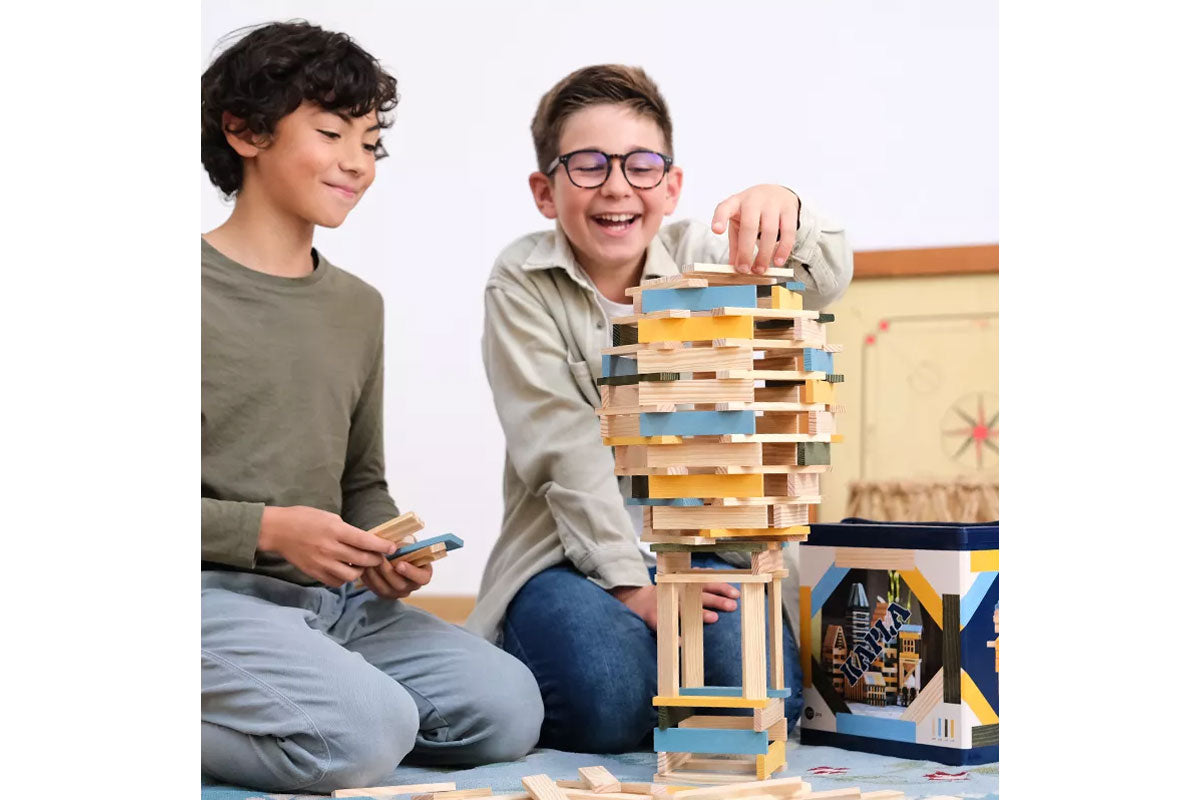 Boîte KAPLA de 120 pièces, naturelle, bleu clair, jaune, verte