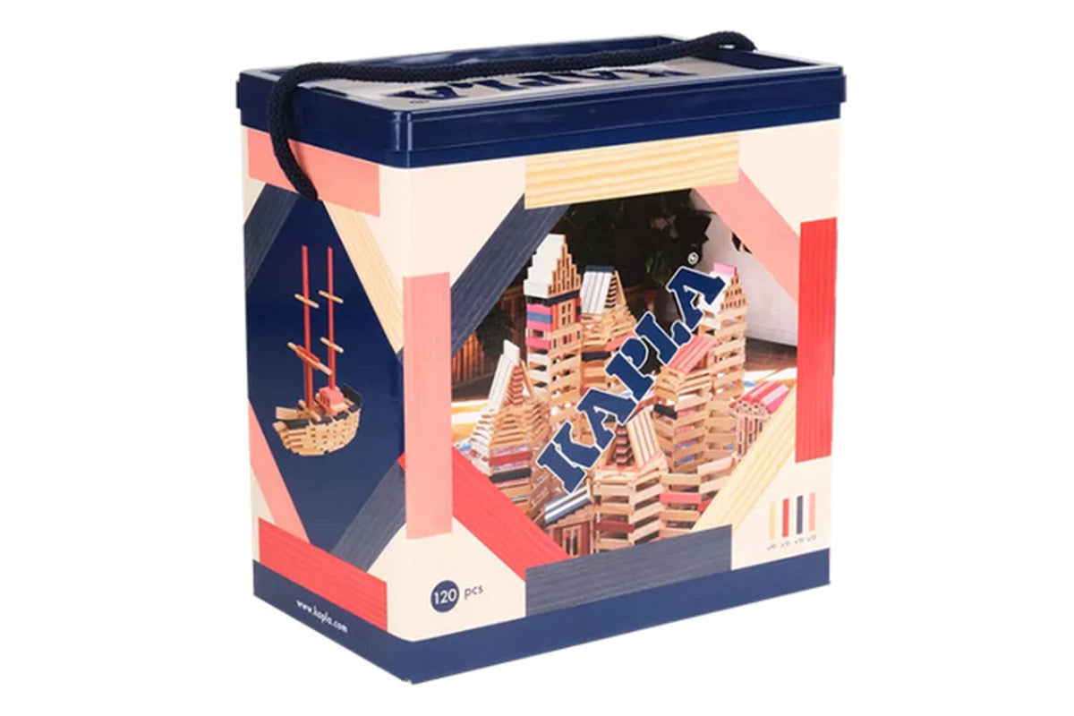 Boîte KAPLA de 120 feuilles naturelles rouges, roses et bleu foncé