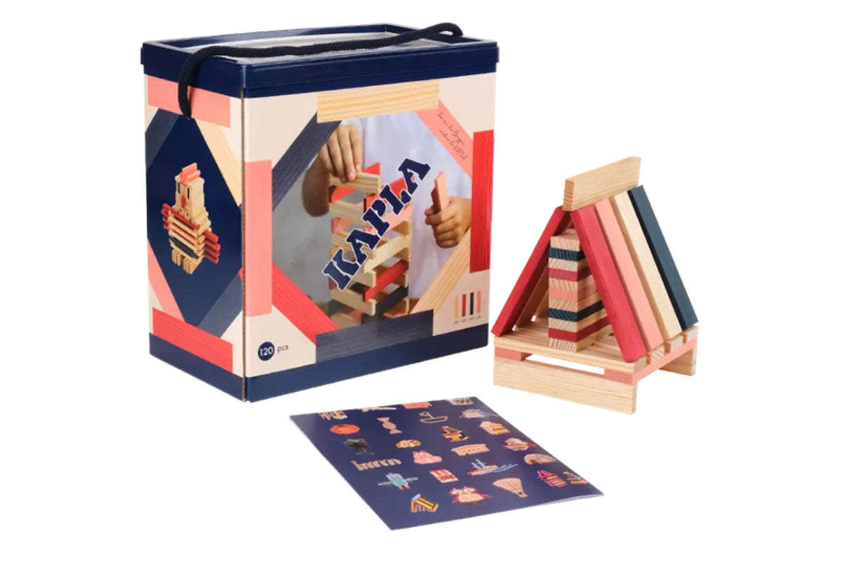 Boîte KAPLA de 120 feuilles naturelles rouges, roses et bleu foncé