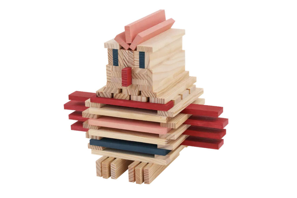 Boîte KAPLA de 120 feuilles naturelles rouges, roses et bleu foncé