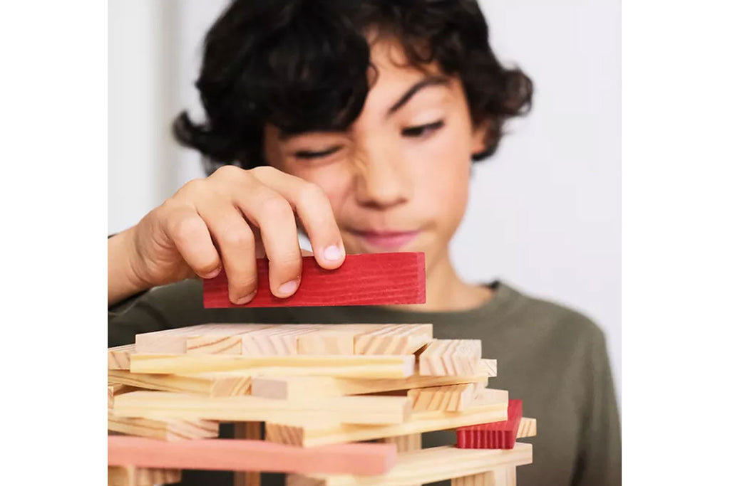 Boîte KAPLA de 120 feuilles naturelles rouges, roses et bleu foncé