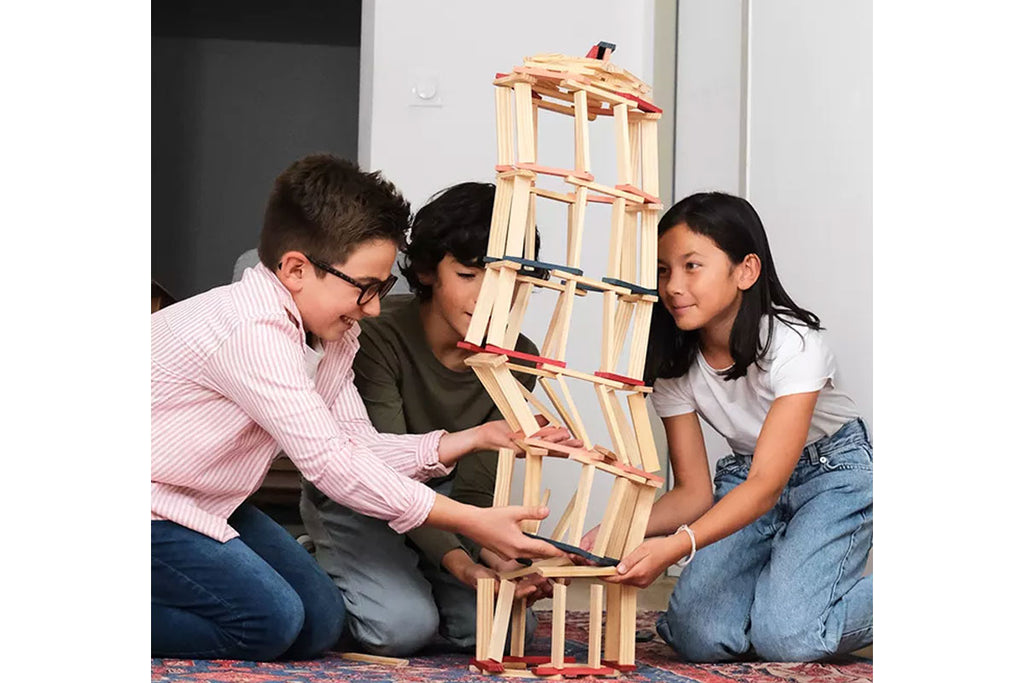 Boîte KAPLA de 120 feuilles naturelles rouges, roses et bleu foncé