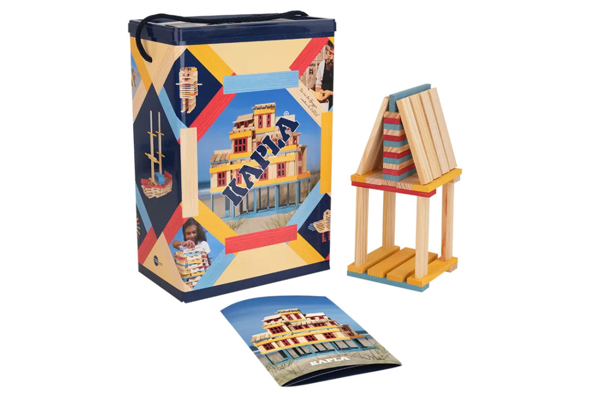 Boîte KAPLA de 200 pièces, été, naturel, bleu clair, jaune, rouge