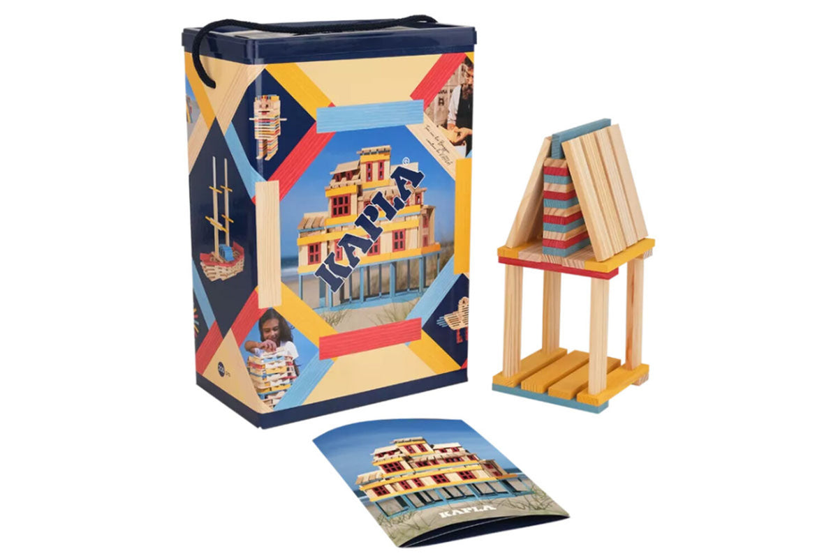 Boîte KAPLA de 200 pièces, été, naturel, bleu clair, jaune, rouge