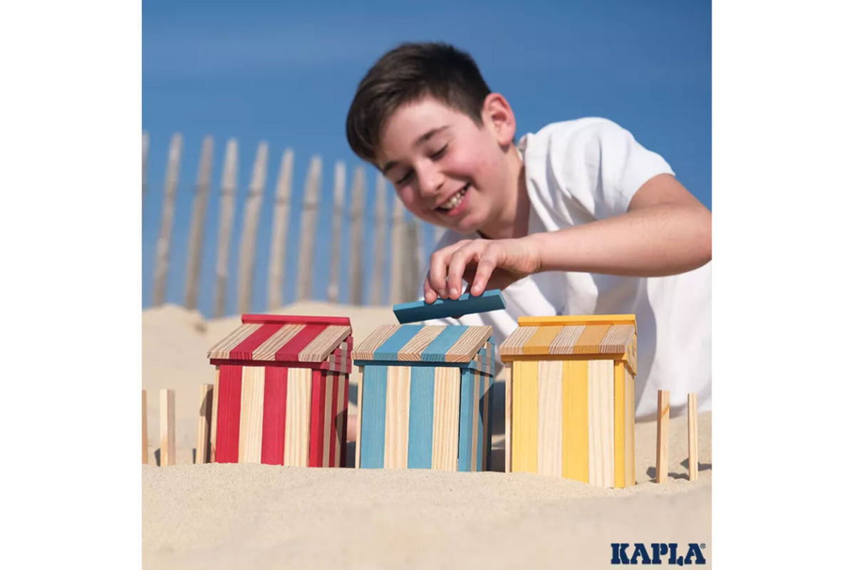 Boîte KAPLA de 200 pièces, été, naturel, bleu clair, jaune, rouge