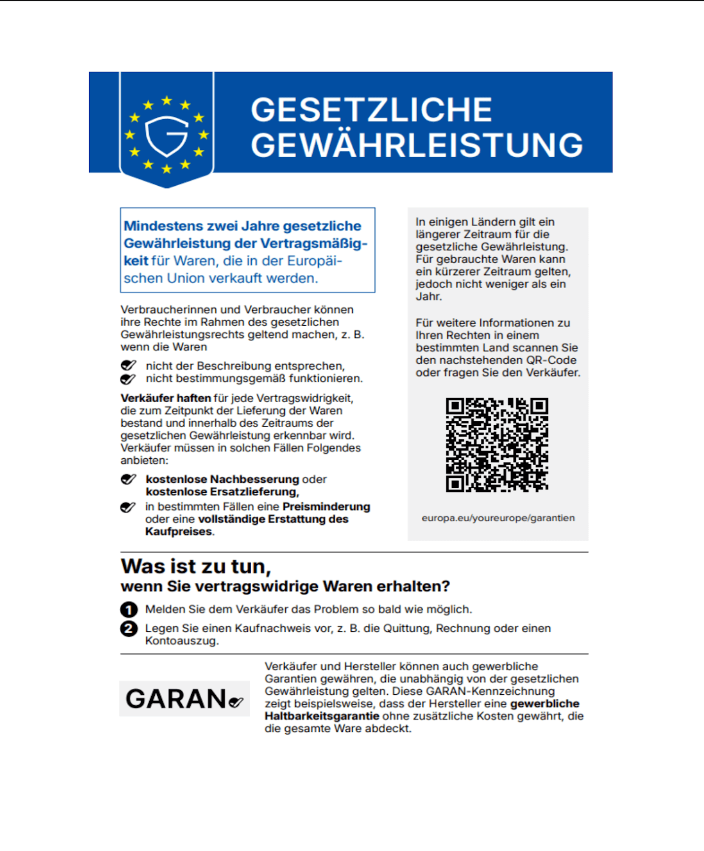 EU-Information zur gesetzlichen Gewährleistung: mindestens zwei Jahre, Rechte bei mangelhaften Waren und Hinweise zur Geltendmachung.